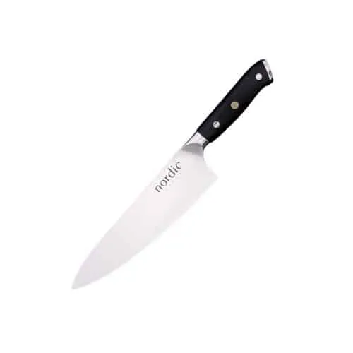 Nærbillede af The Nordic Chefs 20 cm kokkekniv med ibenholtshåndtag.