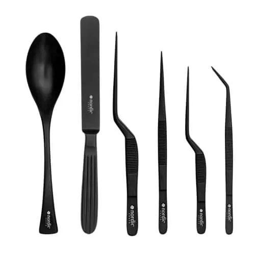 Black culinary set with spoons and tweezers