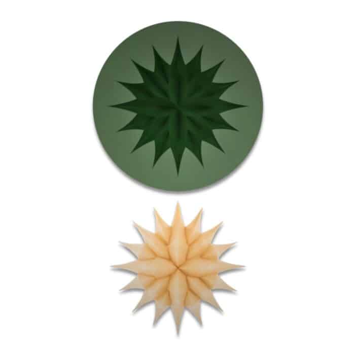 Two patterned circular designs, green and beige.
