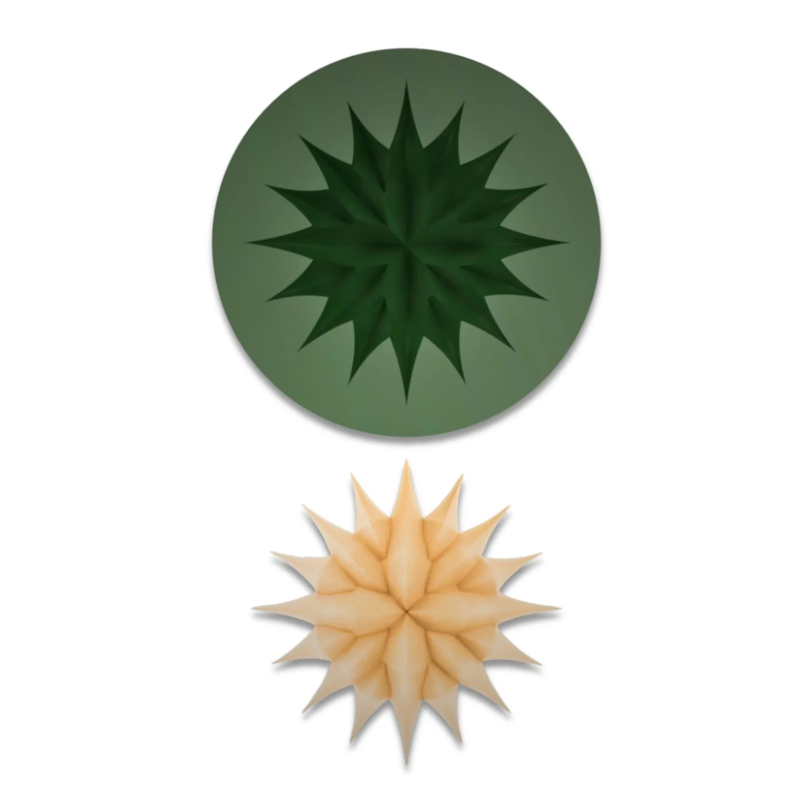 Dos diseños circulares estampados, verde y beige.