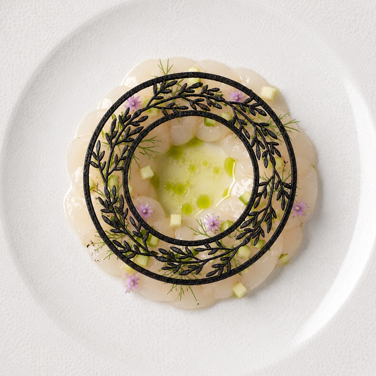 Scallop carpaccio with apple, herb oil and black Nordic Halo tuile on a fine dining restaurant plate