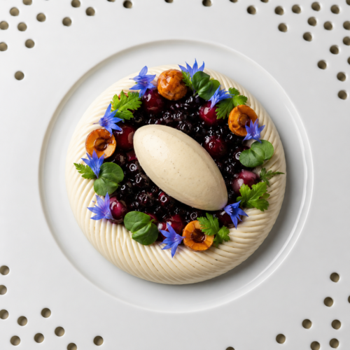 Fine dining dessert created with the Ring Twist Silicone Mold featuring a spiral mousse ring, berries and quenelle.