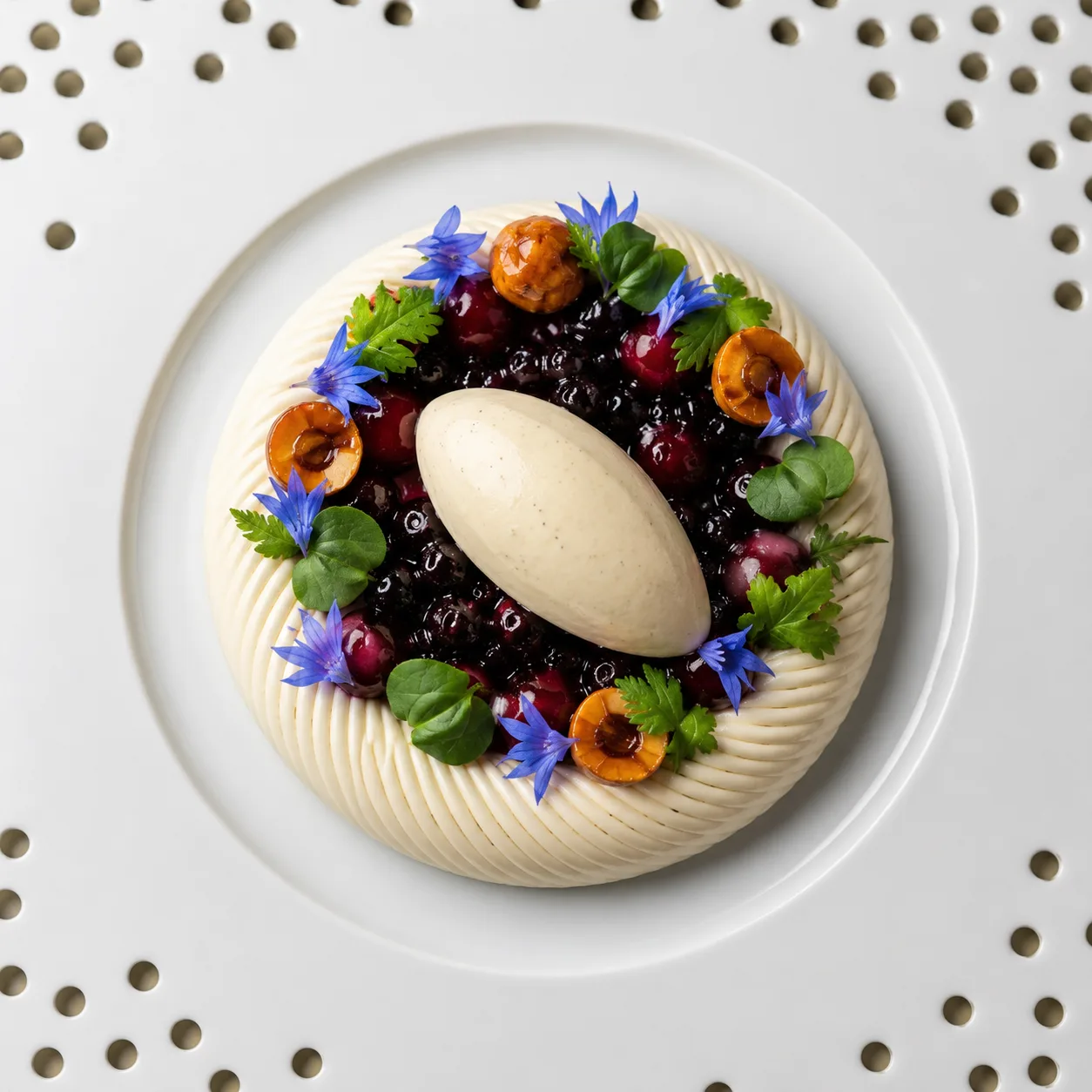 Dessert gastronomique créé avec le moule en silicone Ring Twist, présentant un anneau de mousse en spirale, des baies et une quenelle.