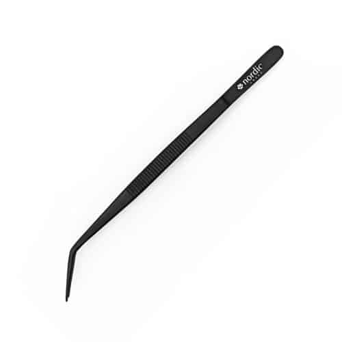 Black precision tweezers on white background