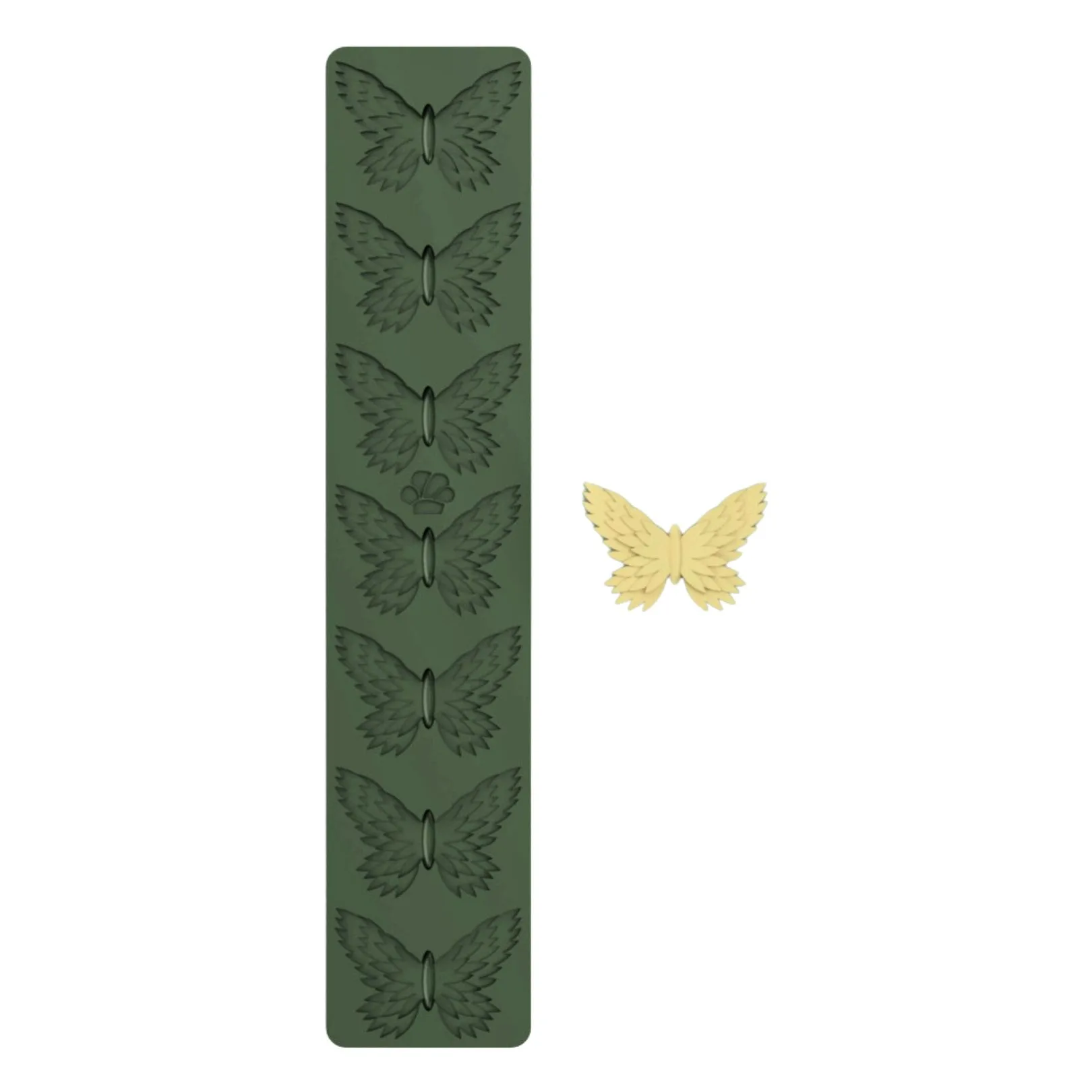 Green butterfly silicone mold with yellow butterfly shape.