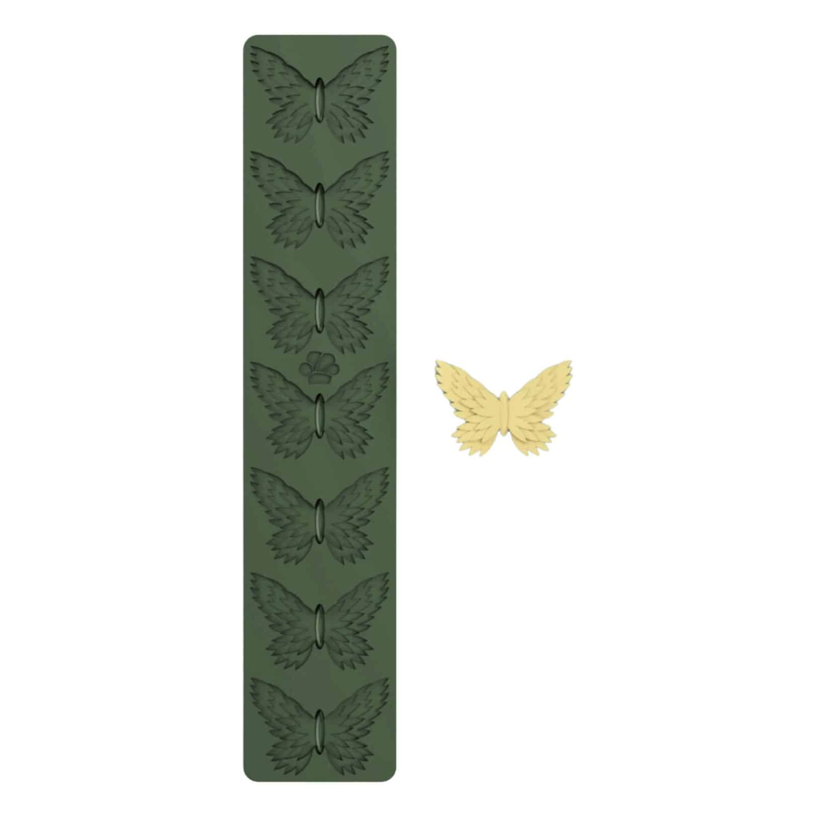 Green butterfly silicone mold with yellow butterfly shape.