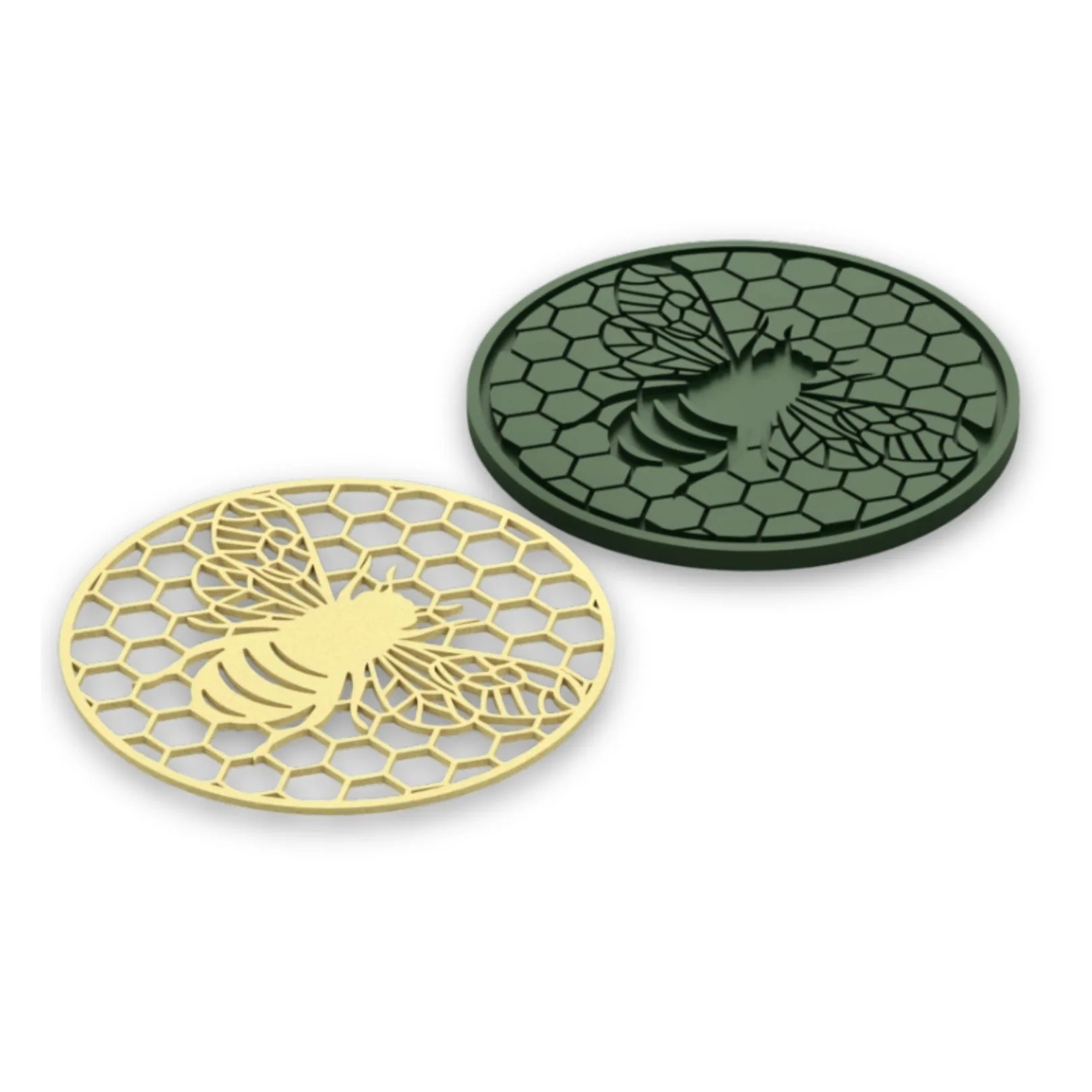 Round coasters with bee and honeycomb design.
