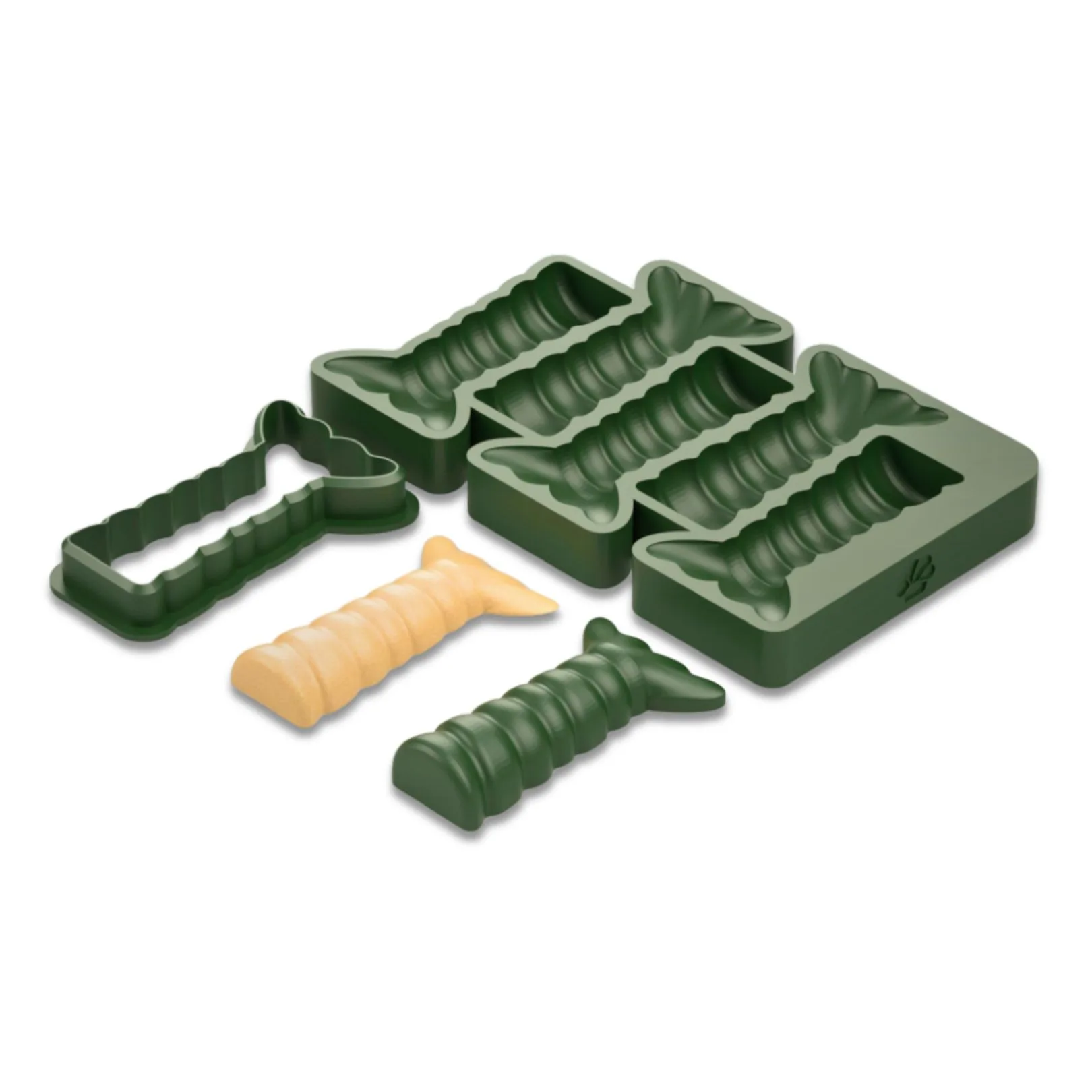 Green lobster-shaped cake mold and cutter set.