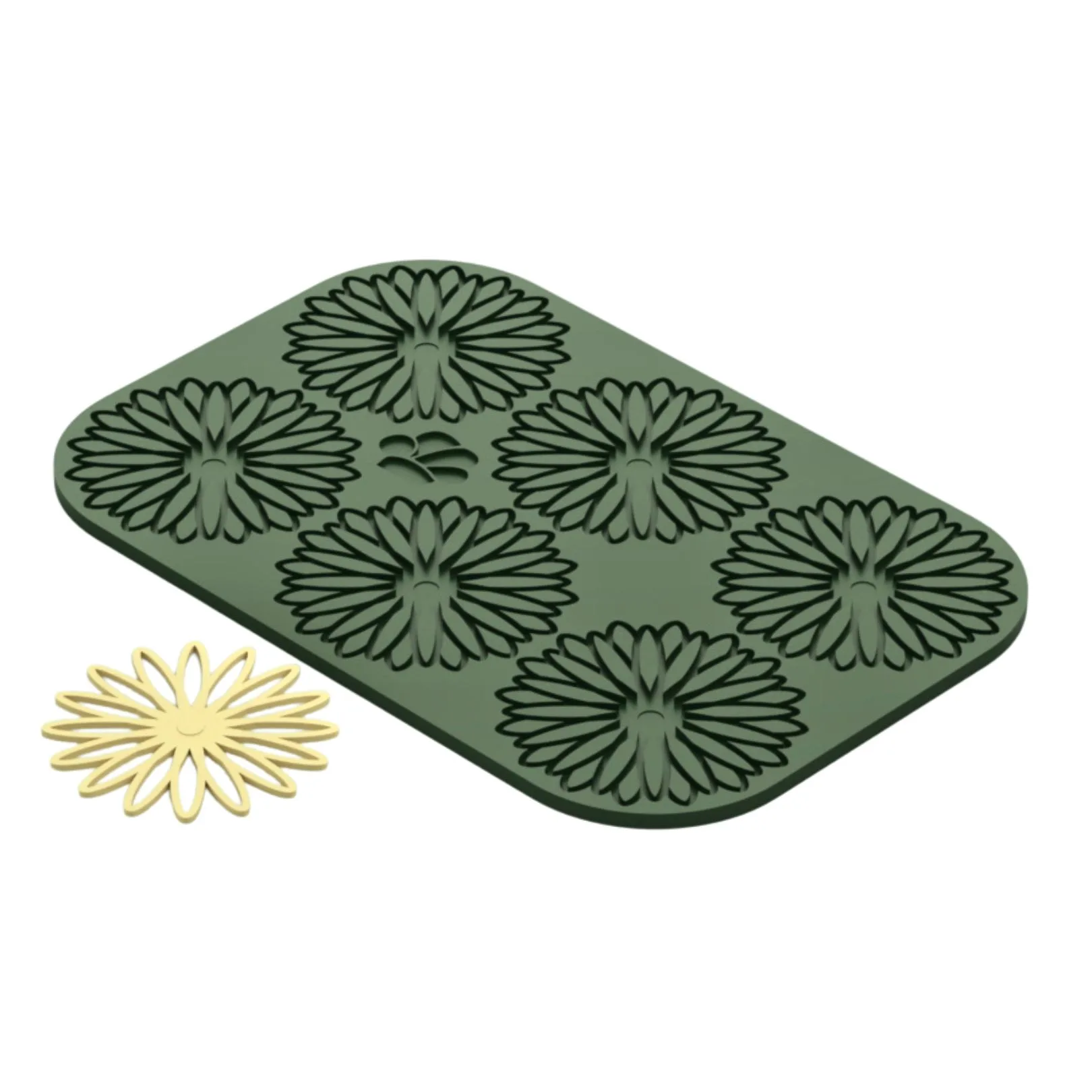 Flower-shaped silicone mold and wax melt.
