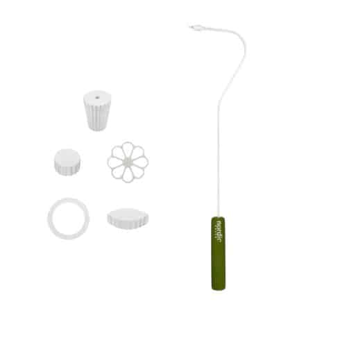 Nordic stick tool with five white attachments.