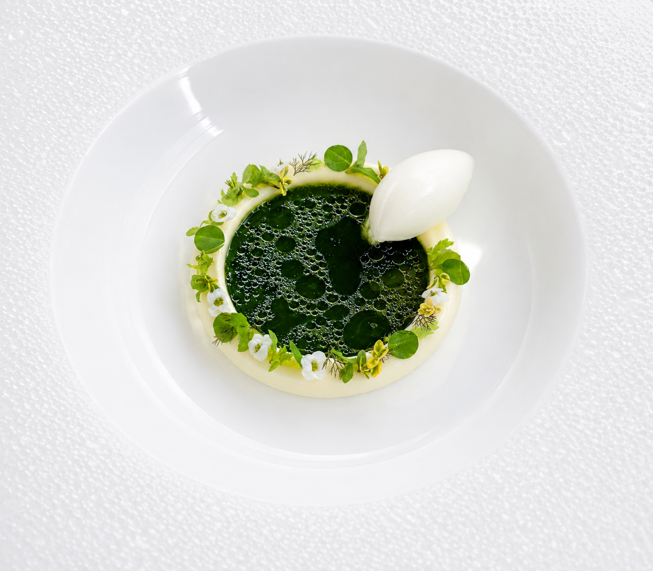 Nordic Halo Jordnær Edition with green consommé, edible flowers and quenelle on a white fine dining plate