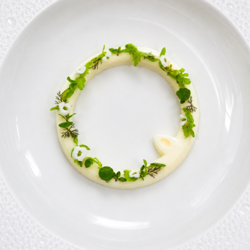 Nordic Halo Jordnær Edition herb cream ring garnish with edible flowers and fresh herbs on a white fine dining plate