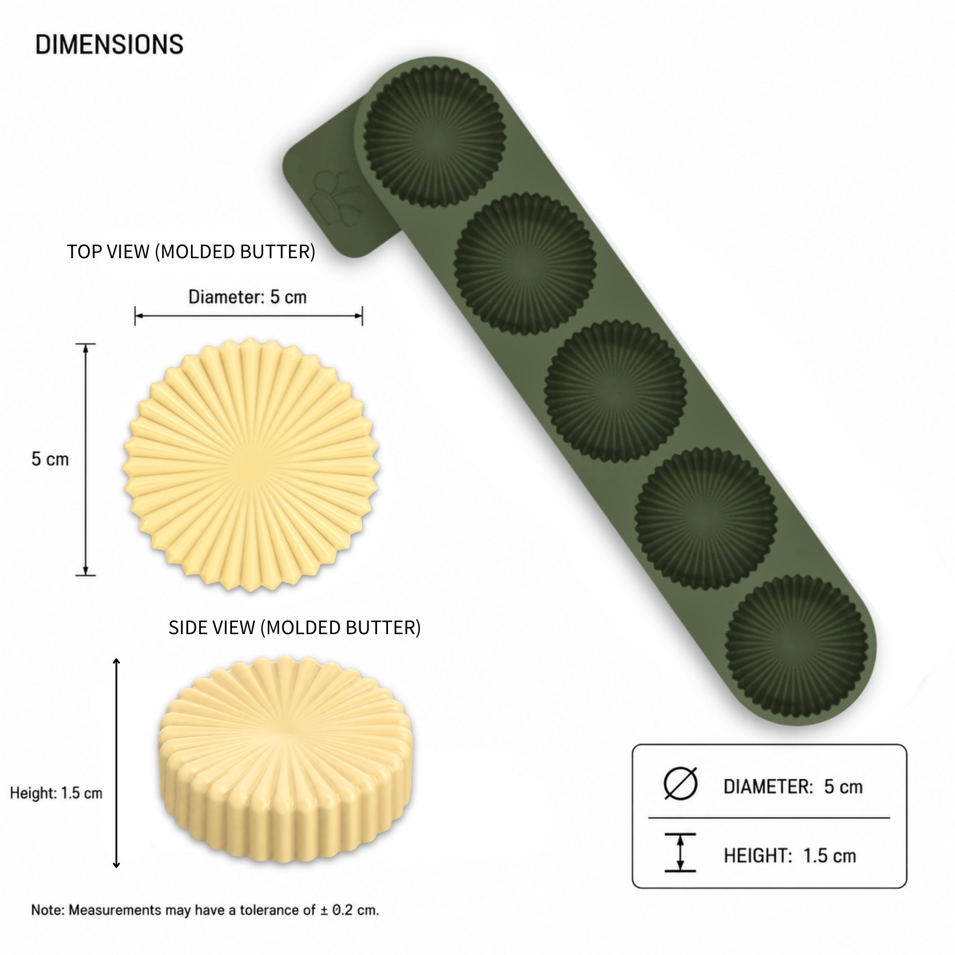 Butter Soleil Mold dimensions showing 5 cm diameter and 1.5 cm height butter portion