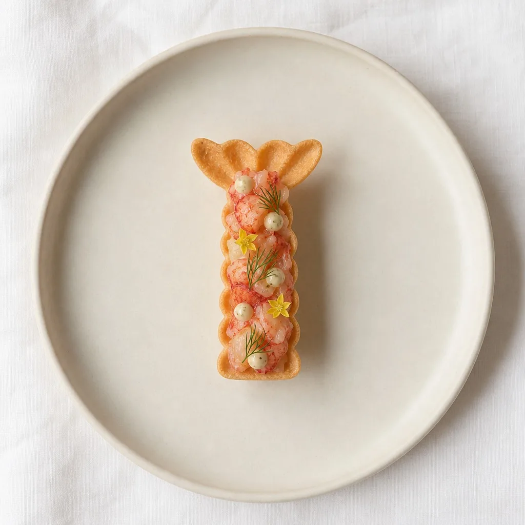 Tartaleta de bogavante de alta cocina servida en una crujiente base de masa quebrada con tartar de bogavante, crema de eneldo, eneldo fresco y flores comestibles.