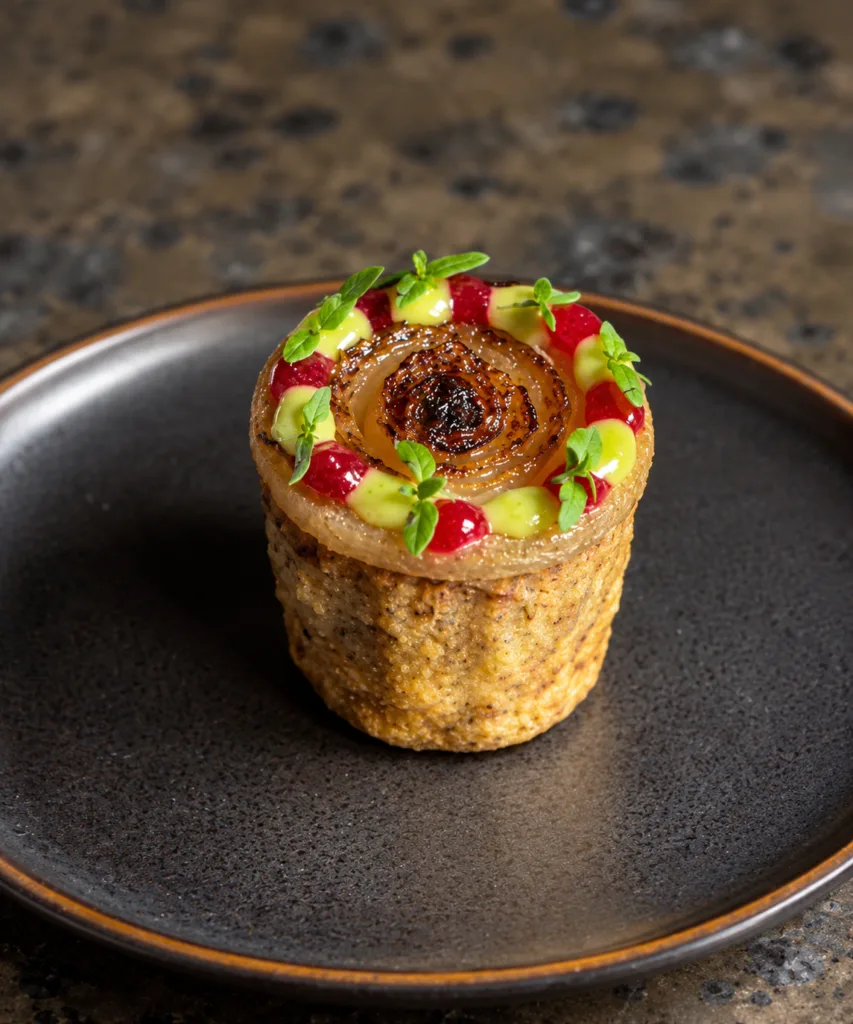 Rye croustade with chicken liver mousse, caramelised onion, blackberry apple vinegar gel and chive aioli