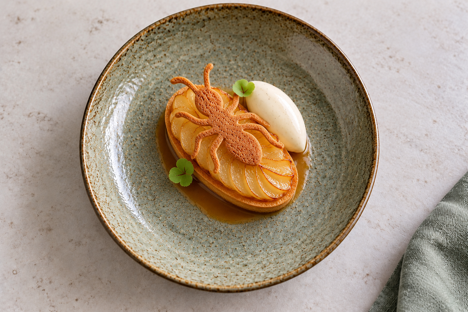 Flat ant-shaped tuile on an apple dessert