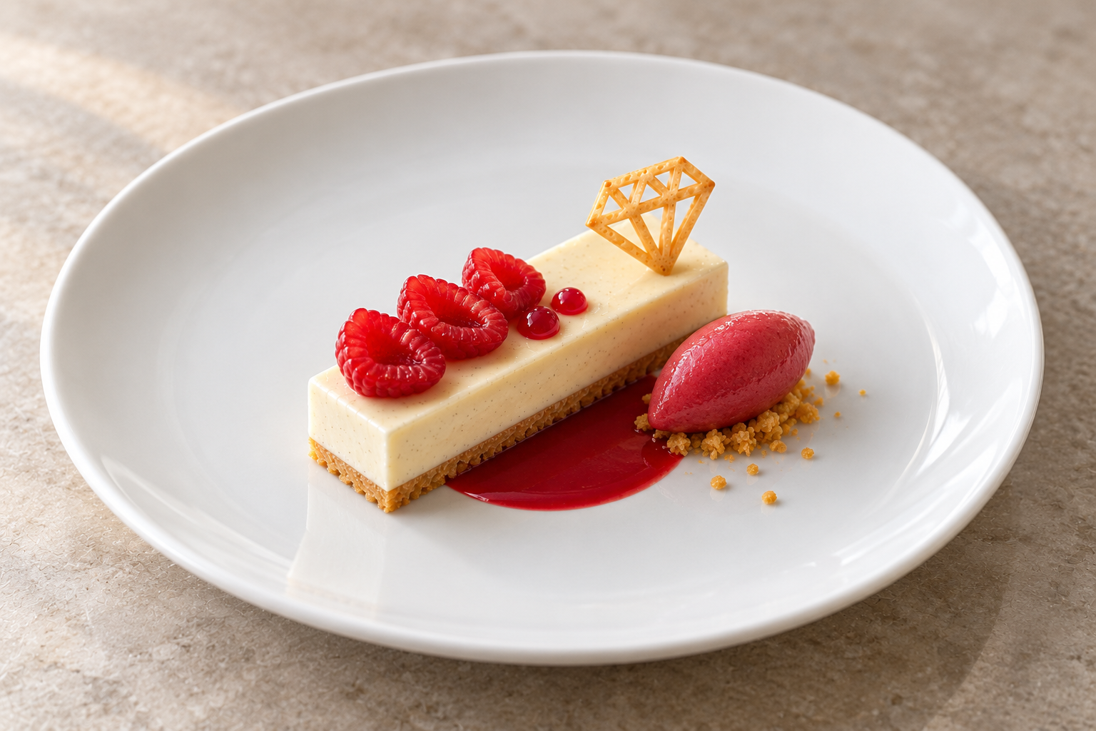 Small diamond tuile on a vanilla and raspberry dessert