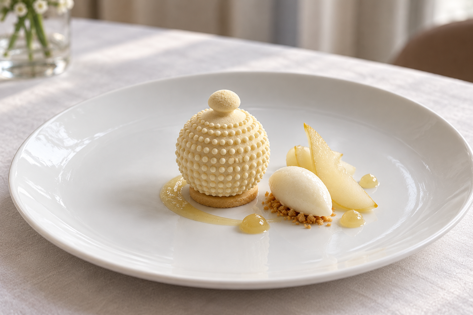 White chocolate Tivoli lamp dessert with pear